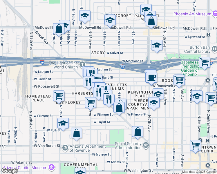 map of restaurants, bars, coffee shops, grocery stores, and more near 1003 North 13th Avenue in Phoenix