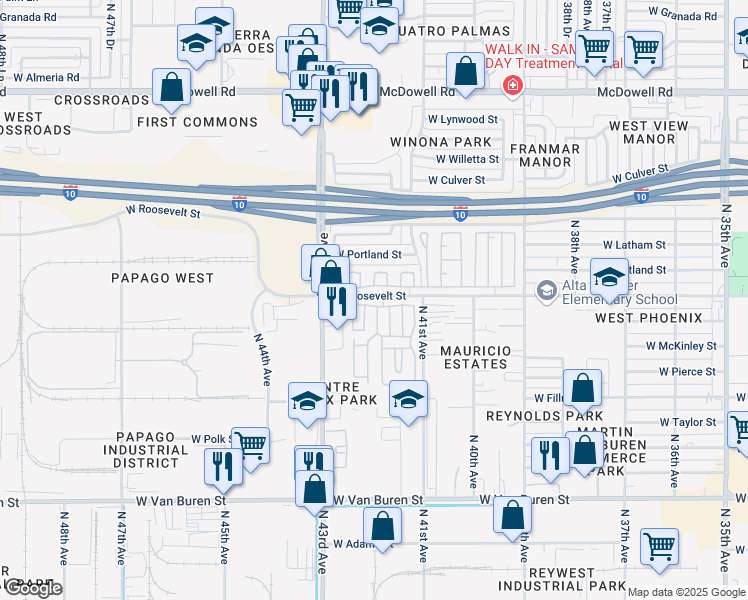 map of restaurants, bars, coffee shops, grocery stores, and more near 4211 Roosevelt Street in Phoenix