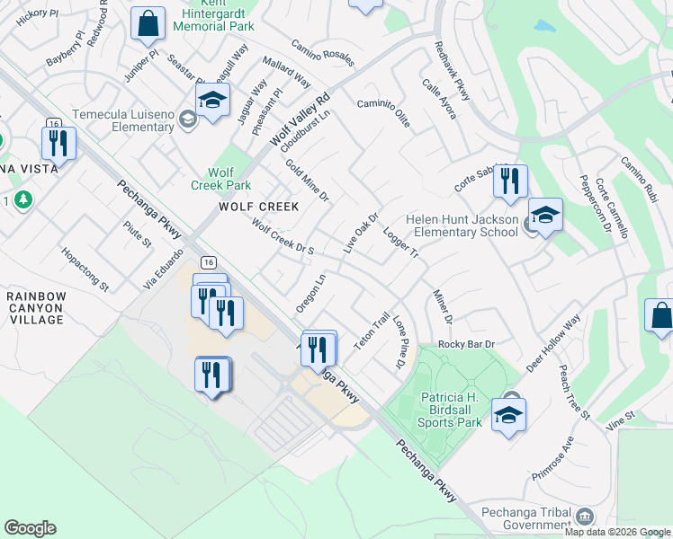 map of restaurants, bars, coffee shops, grocery stores, and more near 46089 Maple Drive in Temecula