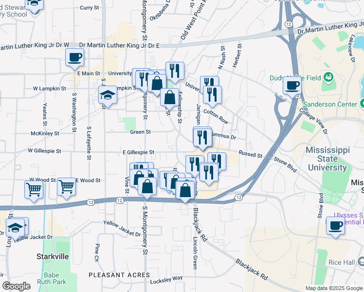 map of restaurants, bars, coffee shops, grocery stores, and more near Spring Street in Starkville