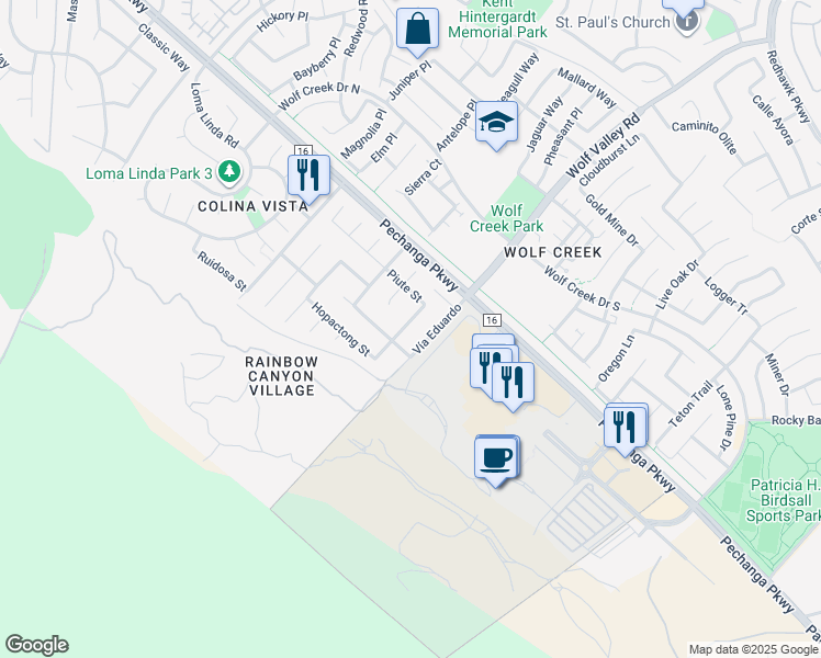 map of restaurants, bars, coffee shops, grocery stores, and more near 31381 Pahuta Street in Temecula