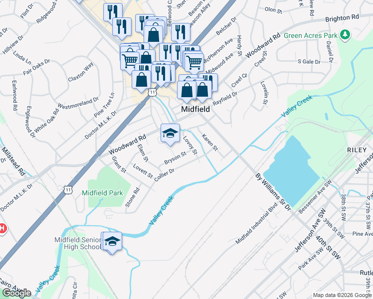 map of restaurants, bars, coffee shops, grocery stores, and more near 1604 Bryson Street in Midfield