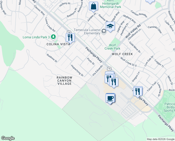 map of restaurants, bars, coffee shops, grocery stores, and more near 45888 Jeronimo Street in Temecula