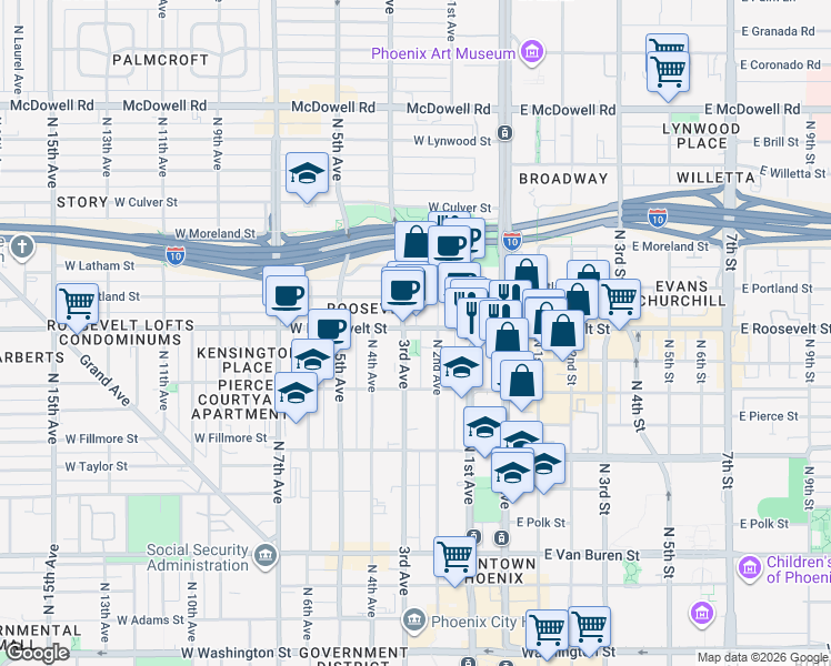 map of restaurants, bars, coffee shops, grocery stores, and more near 245 West Roosevelt Street in Phoenix