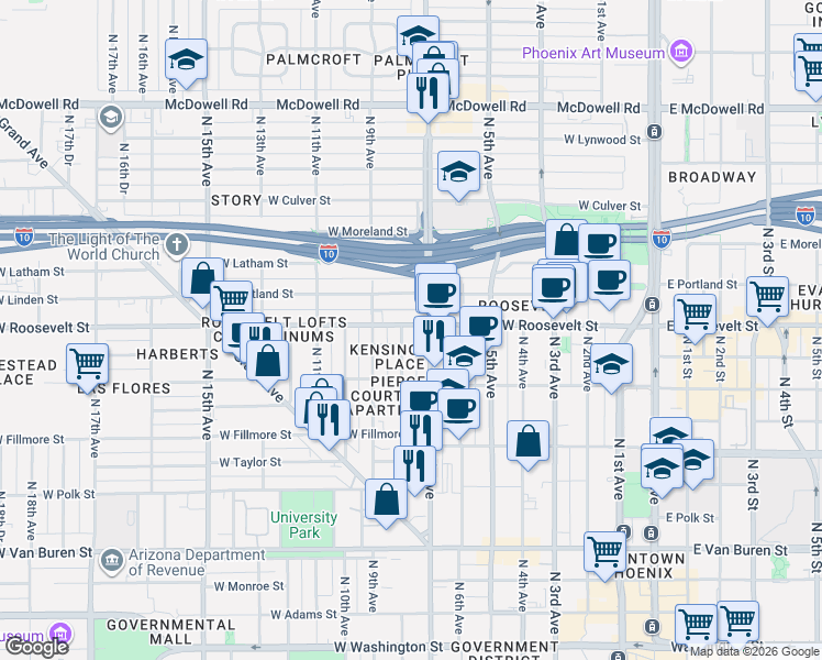 map of restaurants, bars, coffee shops, grocery stores, and more near in Phoenix