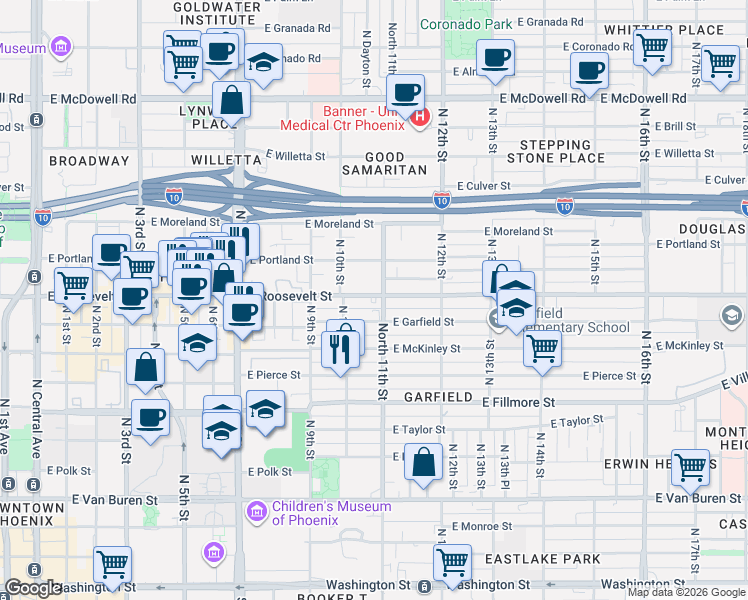 map of restaurants, bars, coffee shops, grocery stores, and more near in Phoenix