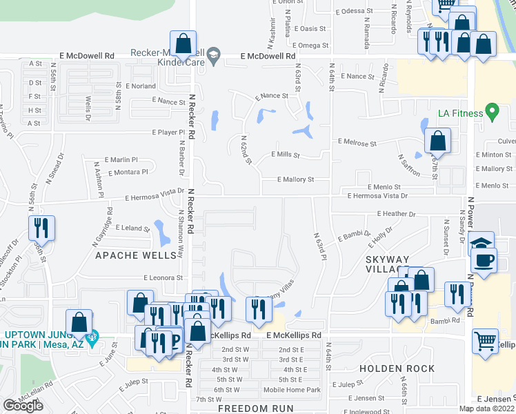 map of restaurants, bars, coffee shops, grocery stores, and more near 6151 East Hermosa Vista Drive in Mesa
