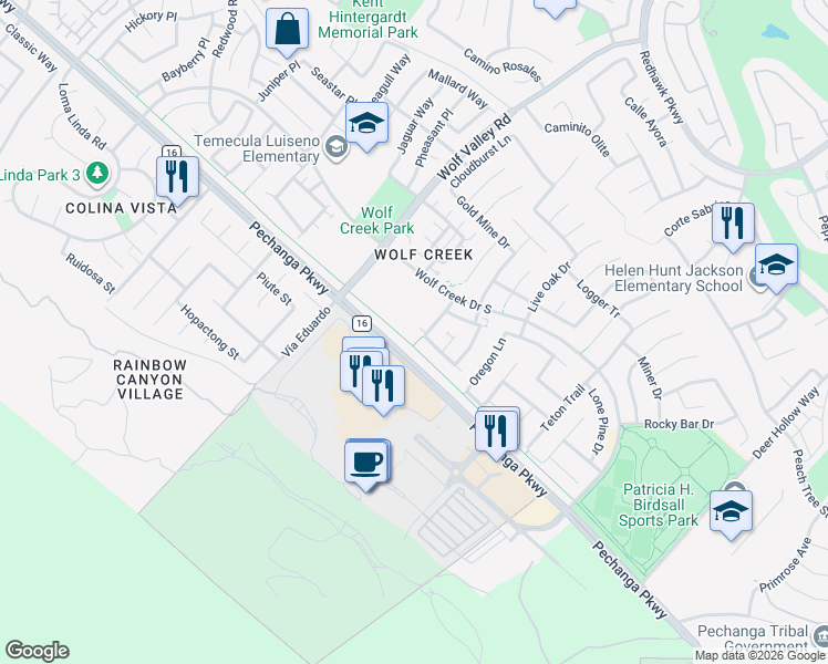 map of restaurants, bars, coffee shops, grocery stores, and more near 31760 Green Oak Way in Temecula