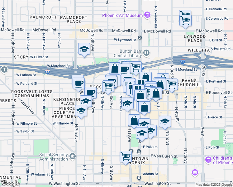 map of restaurants, bars, coffee shops, grocery stores, and more near 210 West Roosevelt Street in Phoenix
