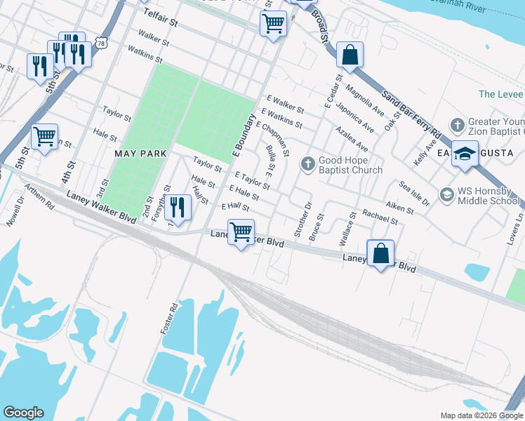 map of restaurants, bars, coffee shops, grocery stores, and more near 805 Belafonte Drive in Augusta