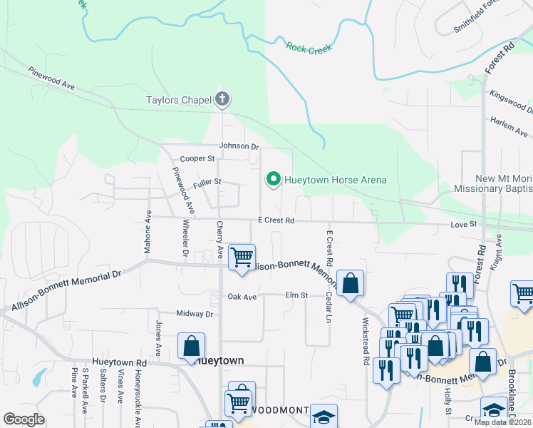 map of restaurants, bars, coffee shops, grocery stores, and more near 178 Johnson Drive in Hueytown
