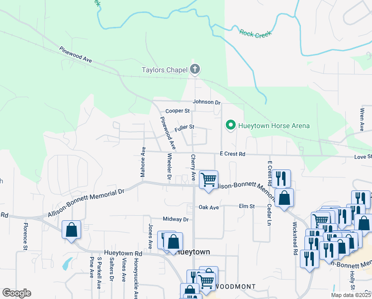 map of restaurants, bars, coffee shops, grocery stores, and more near 124 Midfield Avenue in Hueytown