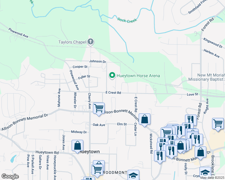 map of restaurants, bars, coffee shops, grocery stores, and more near 121 East Crest Road in Bessemer