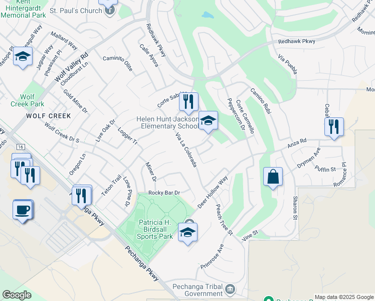 map of restaurants, bars, coffee shops, grocery stores, and more near 32045 Camino San Dimas in Temecula