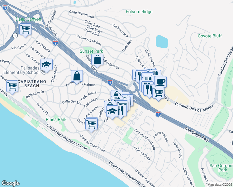 map of restaurants, bars, coffee shops, grocery stores, and more near 27085 Calle Dolores in Dana Point