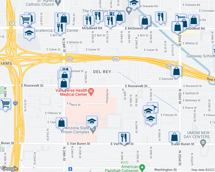 map of restaurants, bars, coffee shops, grocery stores, and more near E Roosevelt St & N 27th St in Phoenix