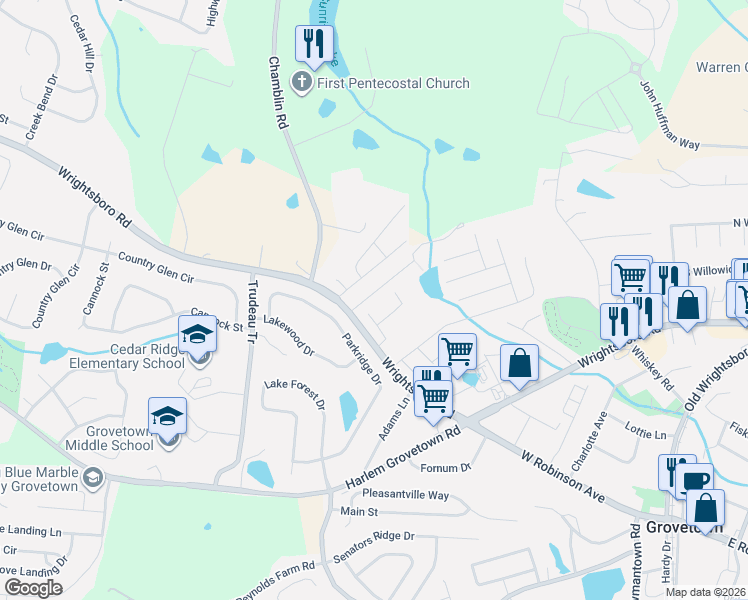 map of restaurants, bars, coffee shops, grocery stores, and more near 118 Brandimere Drive in Grovetown