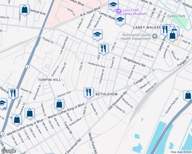 map of restaurants, bars, coffee shops, grocery stores, and more near 1539 Mill Street in Augusta