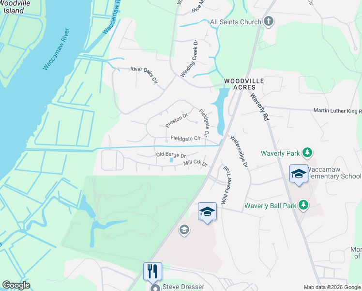 map of restaurants, bars, coffee shops, grocery stores, and more near 206 Fieldgate Circle in Pawleys Island