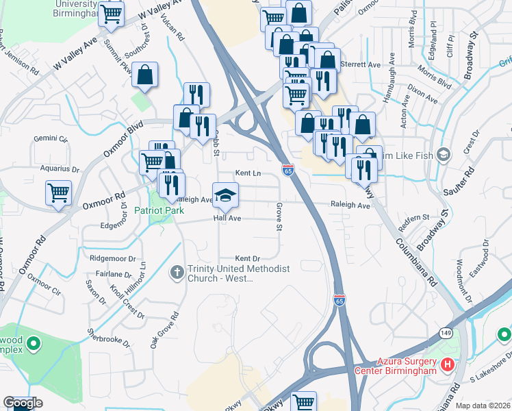 map of restaurants, bars, coffee shops, grocery stores, and more near 224 Raleigh Avenue in Homewood