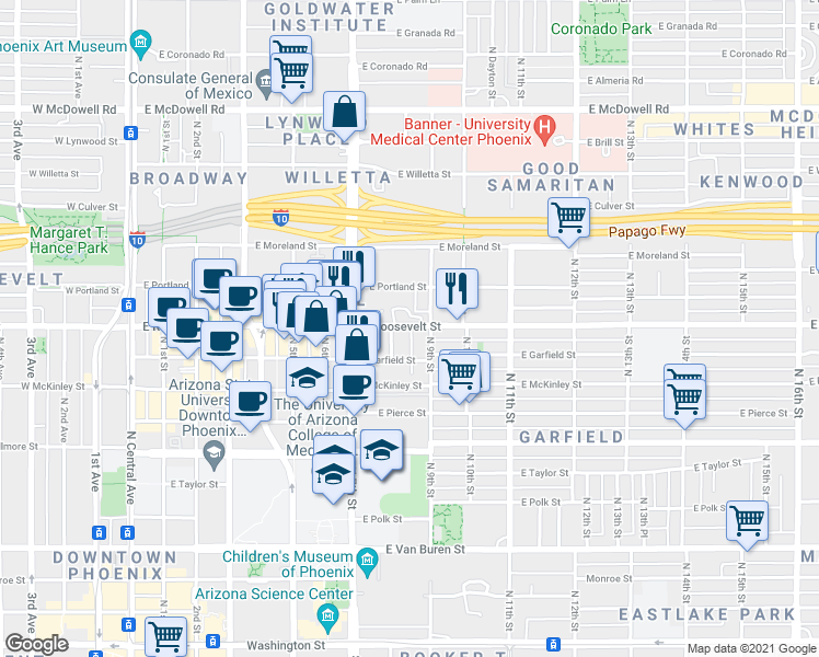 map of restaurants, bars, coffee shops, grocery stores, and more near 815 East Roosevelt Street in Phoenix