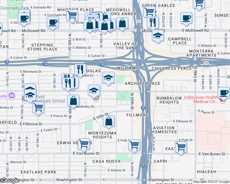 map of restaurants, bars, coffee shops, grocery stores, and more near 1906 East Roosevelt Street in Phoenix