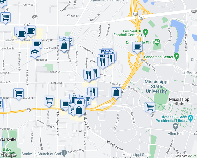 map of restaurants, bars, coffee shops, grocery stores, and more near 200 Lummus Drive in Starkville