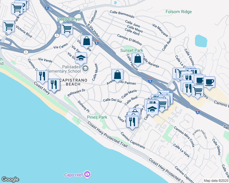 map of restaurants, bars, coffee shops, grocery stores, and more near 34682 Calle Rosita in Dana Point