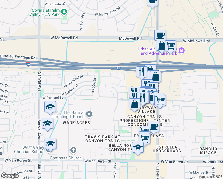 map of restaurants, bars, coffee shops, grocery stores, and more near 15816 West Linden Street in Goodyear