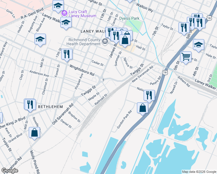 map of restaurants, bars, coffee shops, grocery stores, and more near 1402 Gormans Lane in Augusta