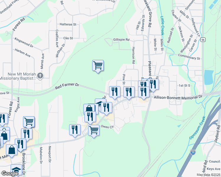 map of restaurants, bars, coffee shops, grocery stores, and more near 207 Brown Place in Hueytown