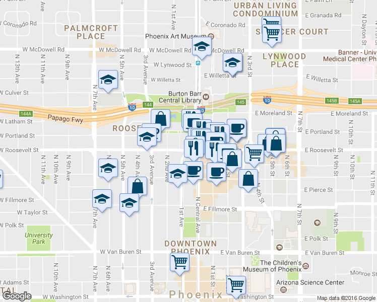 map of restaurants, bars, coffee shops, grocery stores, and more near 99 W Roosevelt St in Phoenix