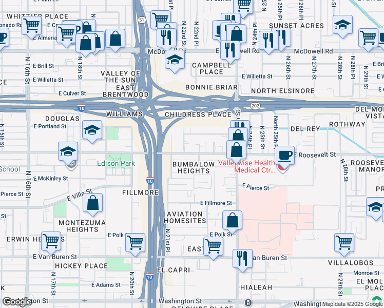 map of restaurants, bars, coffee shops, grocery stores, and more near 2232 East Roosevelt Street in Phoenix