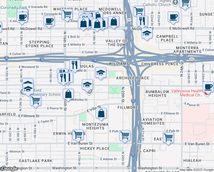 map of restaurants, bars, coffee shops, grocery stores, and more near 1906 East Roosevelt Street in Phoenix