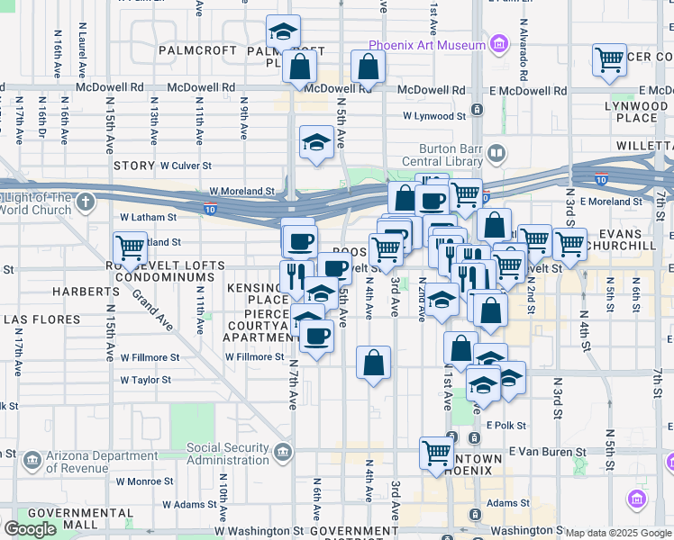 map of restaurants, bars, coffee shops, grocery stores, and more near 420 West Roosevelt Street in Phoenix