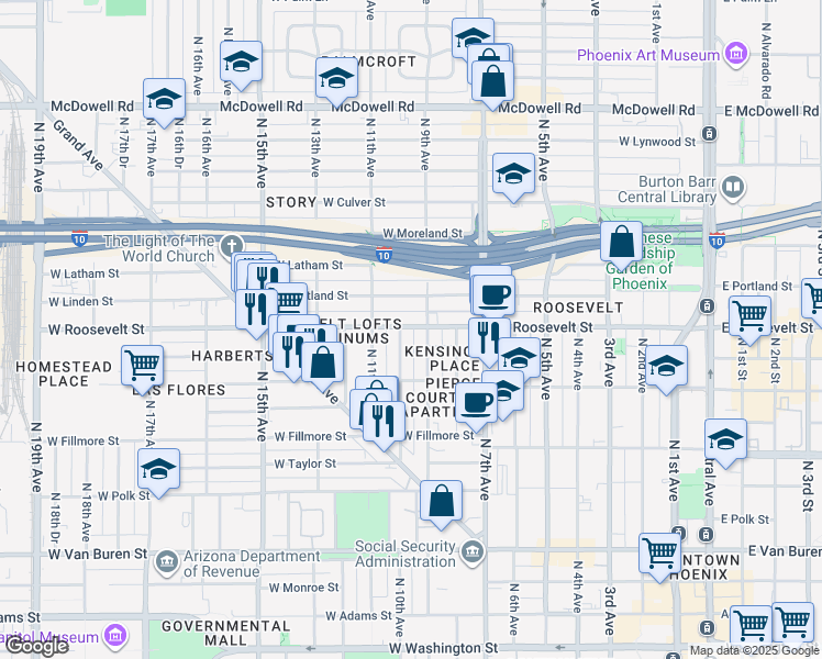 map of restaurants, bars, coffee shops, grocery stores, and more near 922 West Roosevelt Street in Phoenix