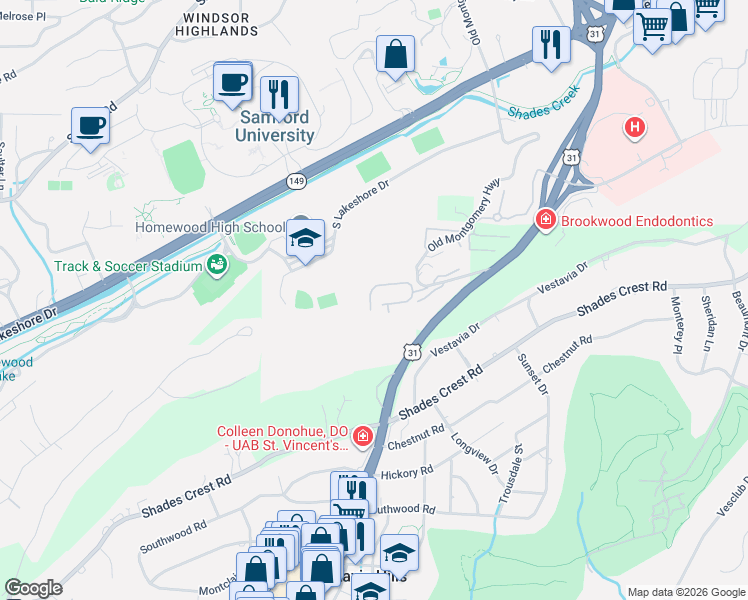 map of restaurants, bars, coffee shops, grocery stores, and more near 507 Woodland Village in Birmingham