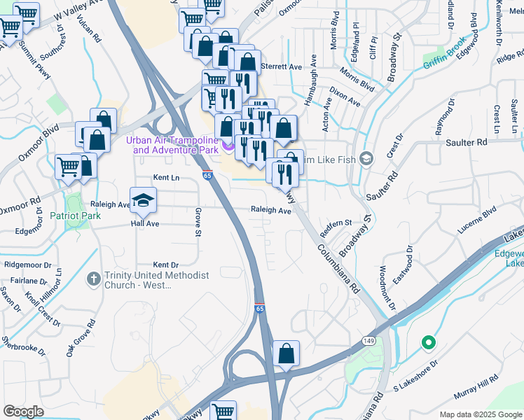 map of restaurants, bars, coffee shops, grocery stores, and more near 445 Woodvale Lane in Birmingham