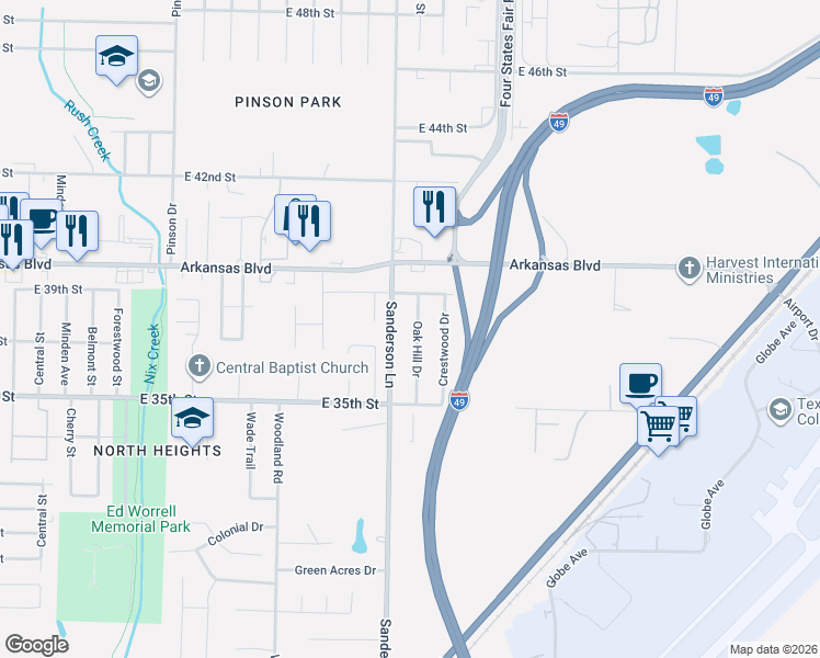 map of restaurants, bars, coffee shops, grocery stores, and more near 3531 Oak Hill Drive in Texarkana