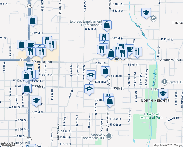 map of restaurants, bars, coffee shops, grocery stores, and more near 3716 Grand Avenue in Texarkana