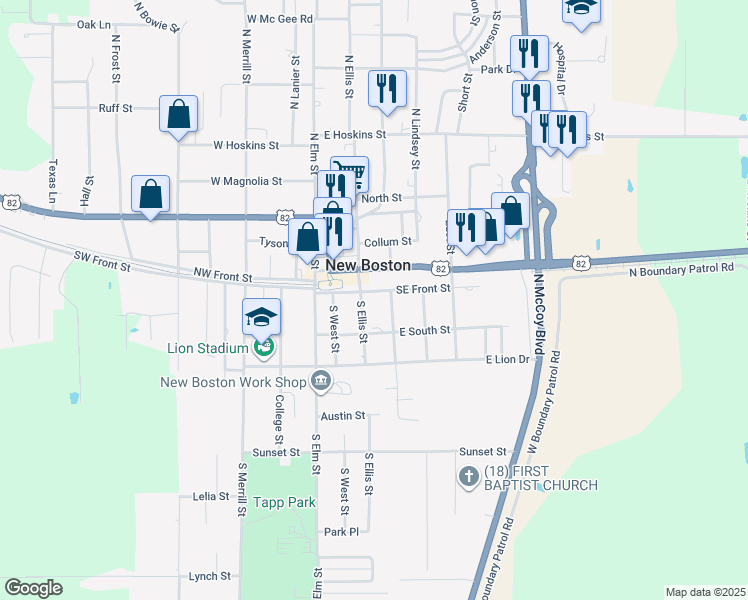 map of restaurants, bars, coffee shops, grocery stores, and more near 101 S Center St in New Boston