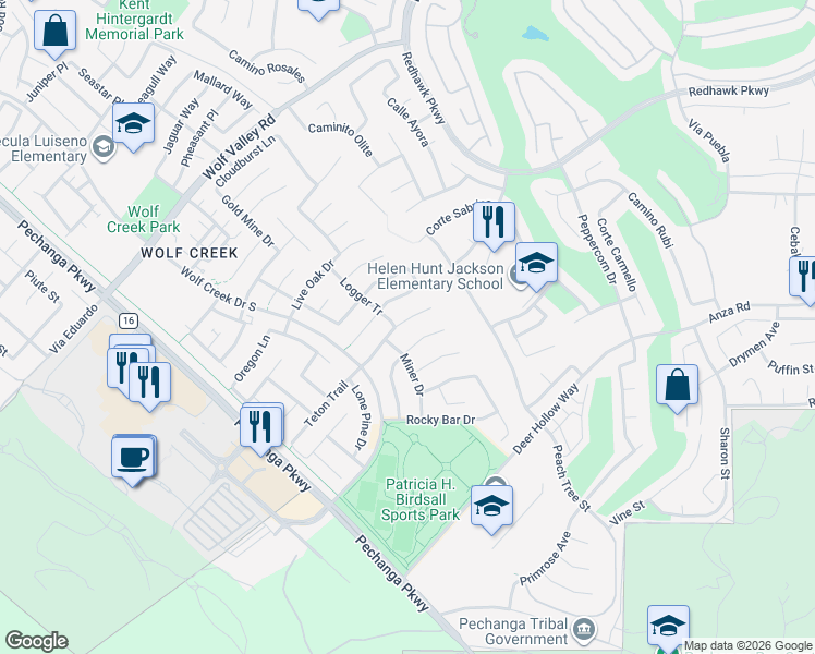map of restaurants, bars, coffee shops, grocery stores, and more near 32271 Fireside Drive in Temecula