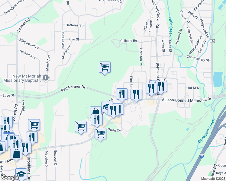 map of restaurants, bars, coffee shops, grocery stores, and more near 205 Brown Place in Hueytown