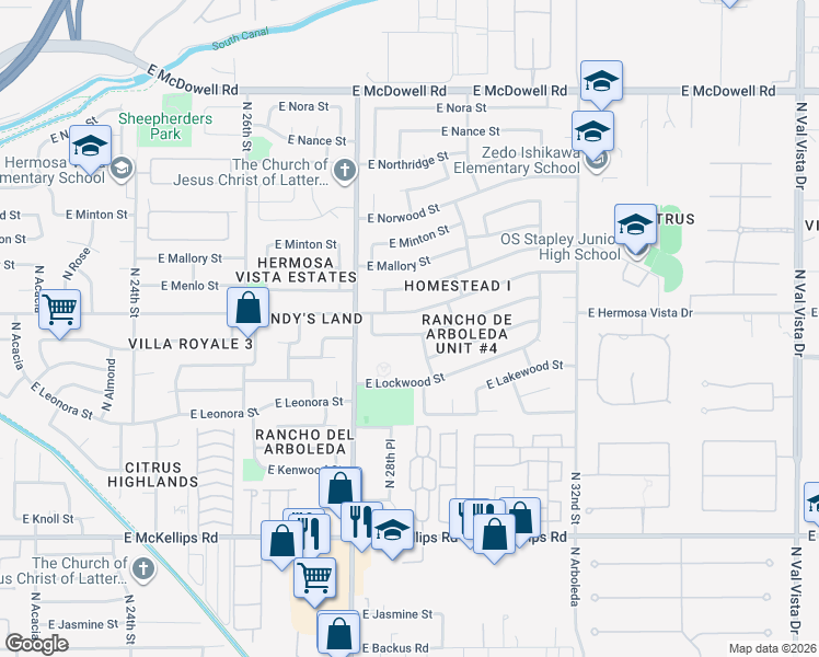 map of restaurants, bars, coffee shops, grocery stores, and more near 2909 East Hermosa Vista Drive in Mesa