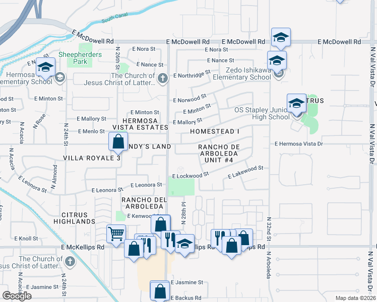 map of restaurants, bars, coffee shops, grocery stores, and more near 2839 East Hermosa Vista Drive in Mesa