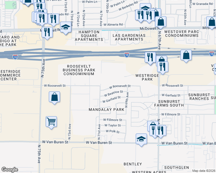 map of restaurants, bars, coffee shops, grocery stores, and more near 1033 North 71st Avenue in Phoenix