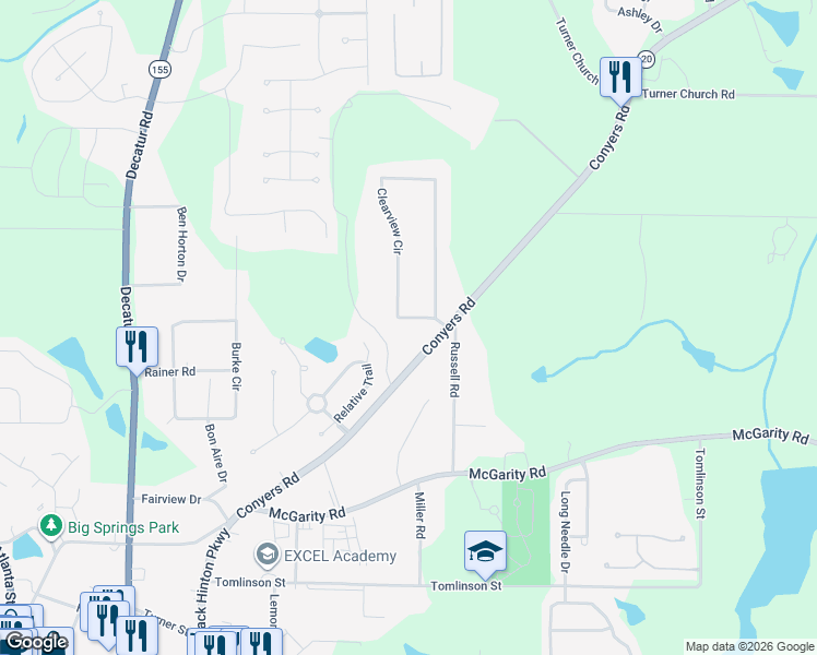map of restaurants, bars, coffee shops, grocery stores, and more near 295 Clearview Circle in McDonough