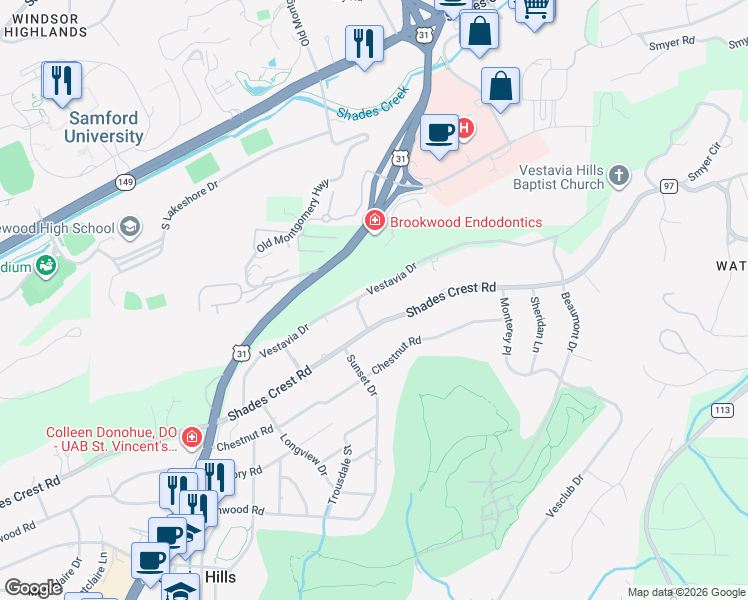 map of restaurants, bars, coffee shops, grocery stores, and more near 2404 Vestavia Drive in Vestavia Hills
