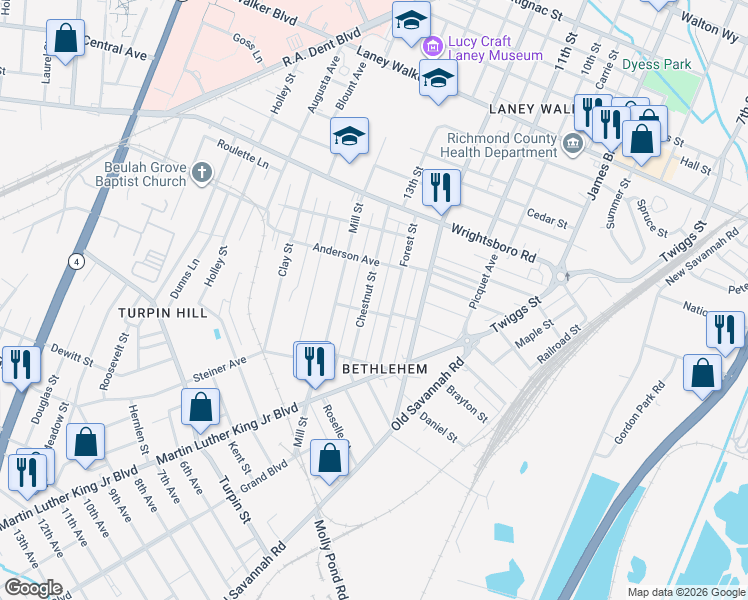 map of restaurants, bars, coffee shops, grocery stores, and more near 1528 Chestnut Street in Augusta