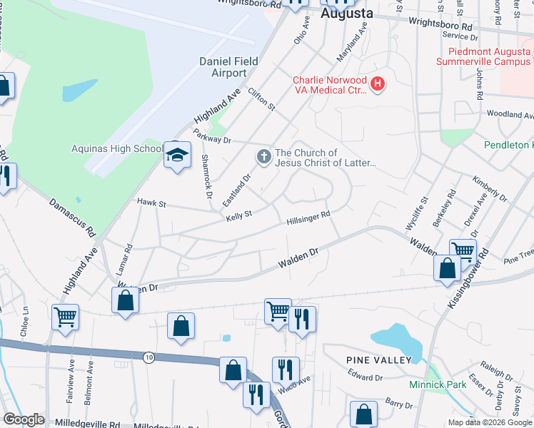 map of restaurants, bars, coffee shops, grocery stores, and more near 2121 Kelly Street in Augusta